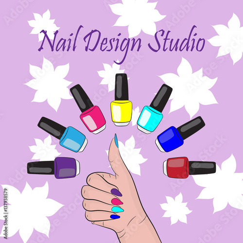 Vector picture of a colored lacquer, pink background and the inscription nail design studio.