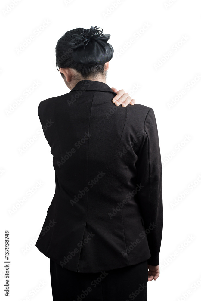 Painful shoulder in a businesswoman isolated on white background. Clipping path on white background. Painful shoulder in a businesswoman isolated on white background. Clipping path on white background.