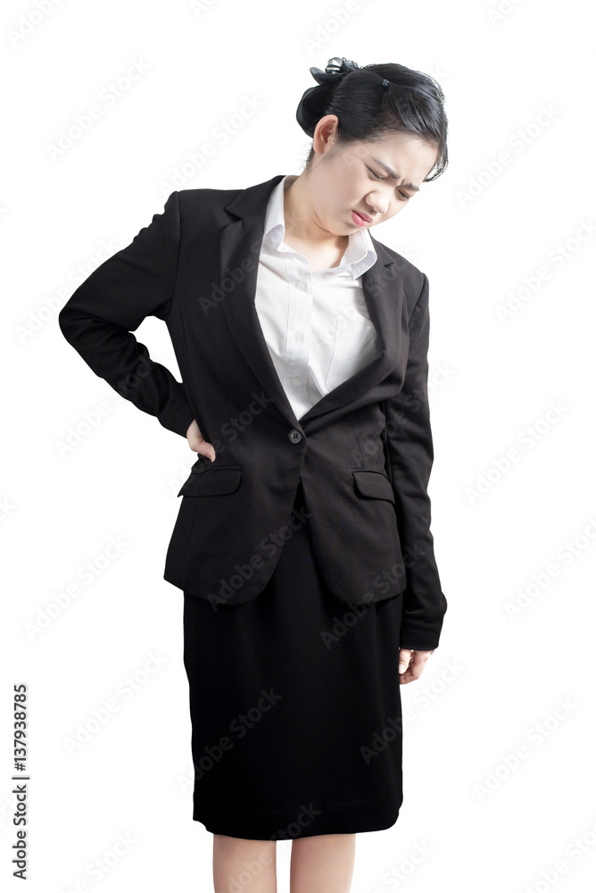 Backache or Painful waist in a woman isolated on white background. Clipping path on white background. Backache or Painful waist in a woman isolated on white background. Clipping path on white background.