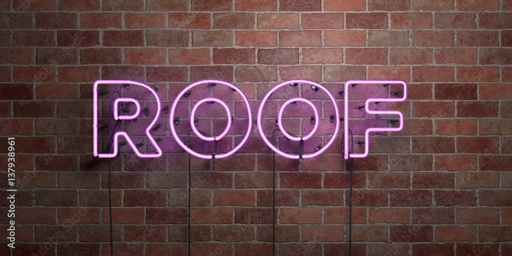 Obraz premium ROOF - fluorescent Neon tube Sign on brickwork - Front view - 3D rendered royalty free stock picture. Can be used for online banner ads and direct mailers..