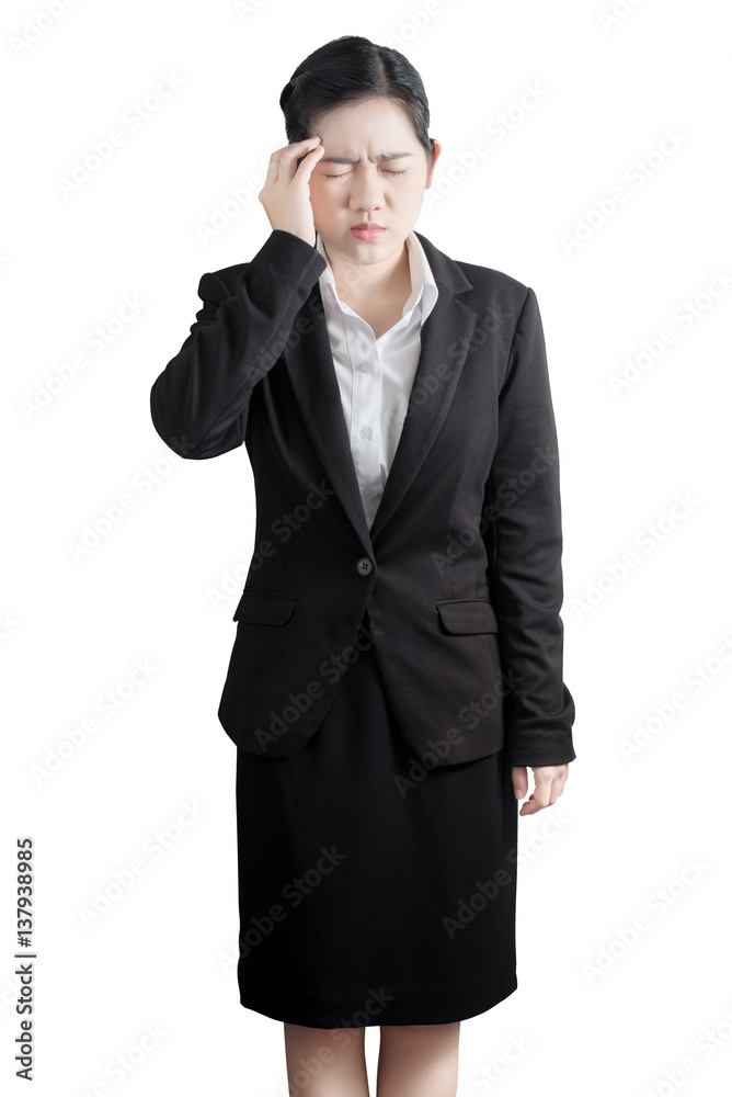 Headache symptom in a businesswoman isolated on white background. Clipping path on white background. Headache symptom in a businesswoman isolated on white background. Clipping path on white background.