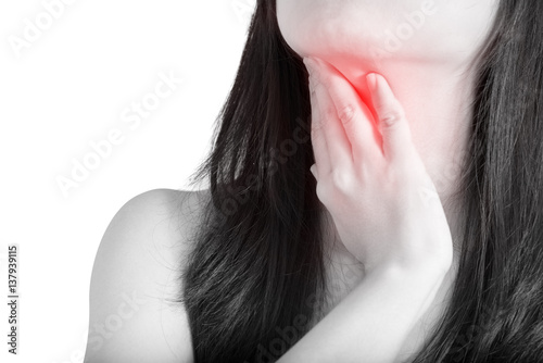 Acute pain and sore throat symptom in a woman isolated on white background. Clipping path on white background.