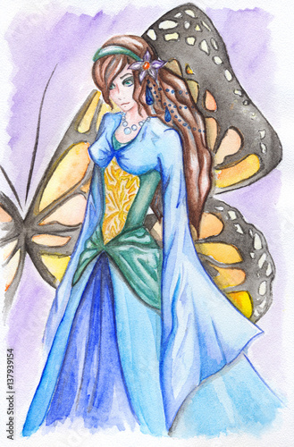 Girl in blue dress orange yellow butterfly