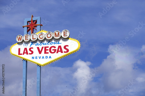 Famous Las Vegas welcome sign over blue sky