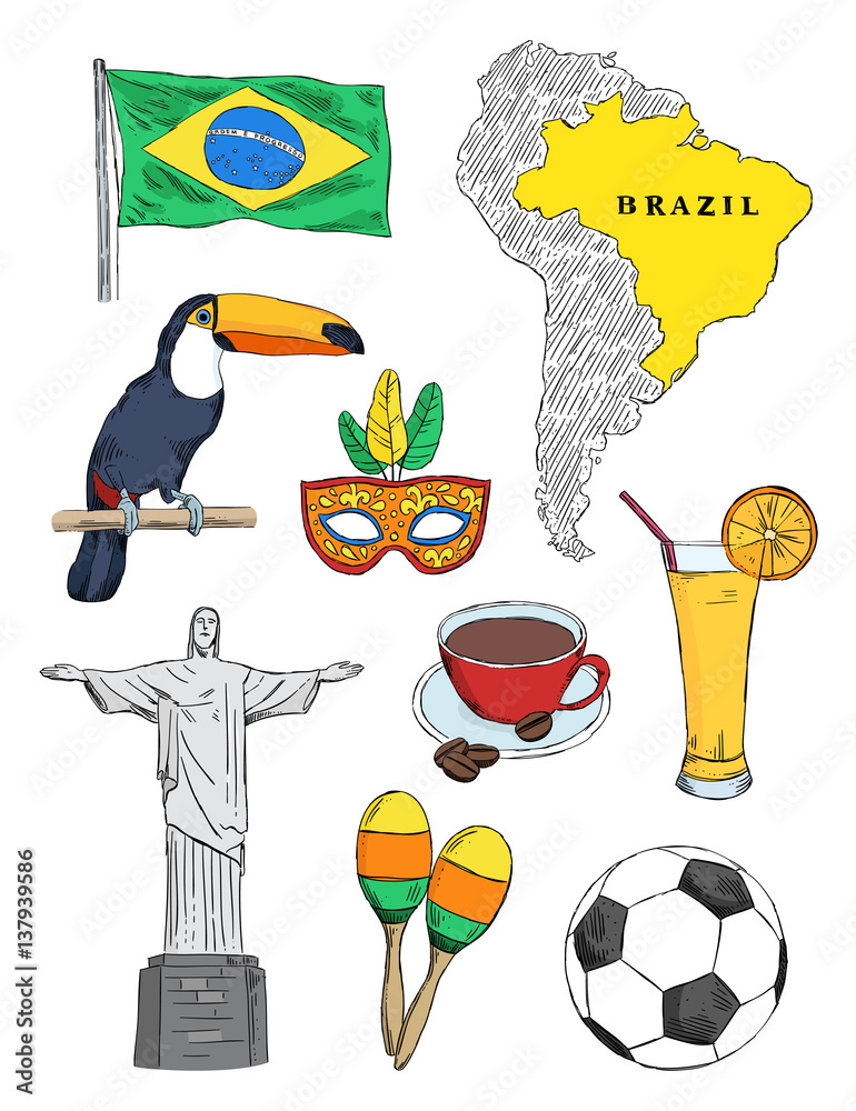 Brazil vector illustration set. Brazil map and symbols sketch drawings