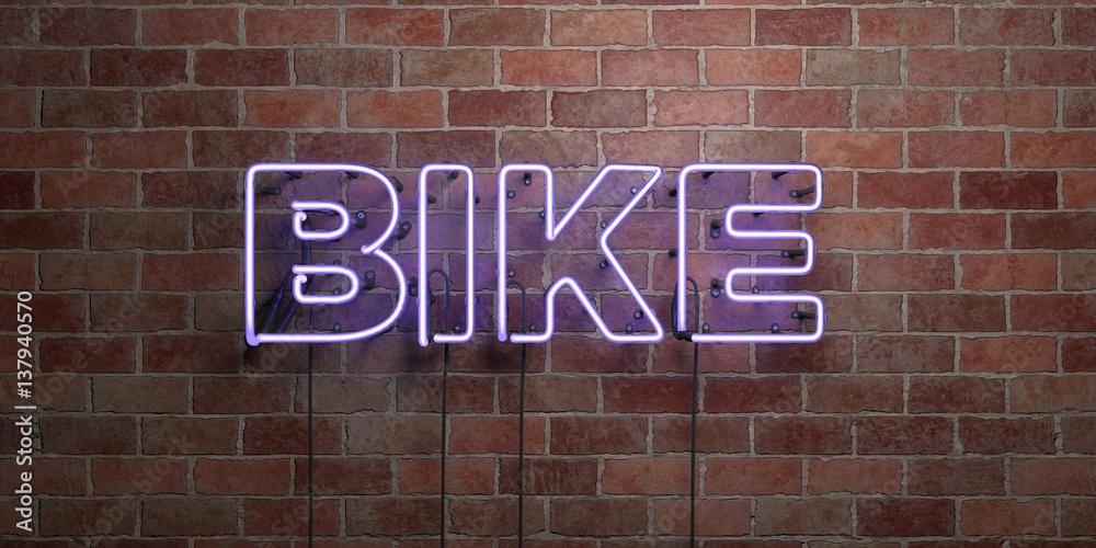 Obraz premium BIKE - fluorescent Neon tube Sign on brickwork - Front view - 3D rendered royalty free stock picture. Can be used for online banner ads and direct mailers..