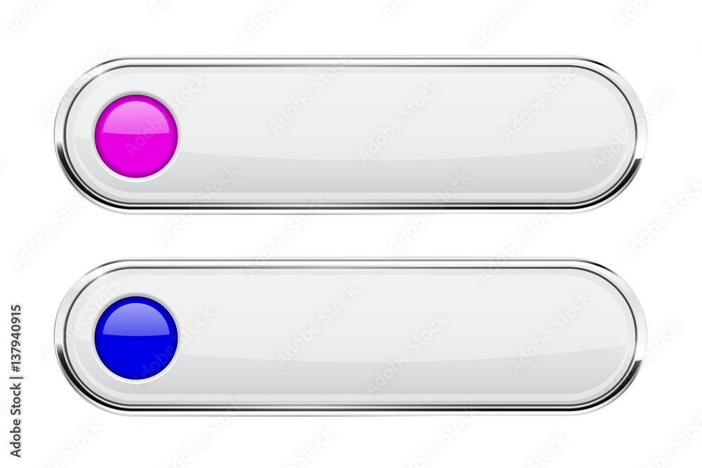 White oval buttons with blue and purple circles. Menu interface elements with chrome frame White oval buttons with blue and purple circles. Menu interface elements with chrome frame