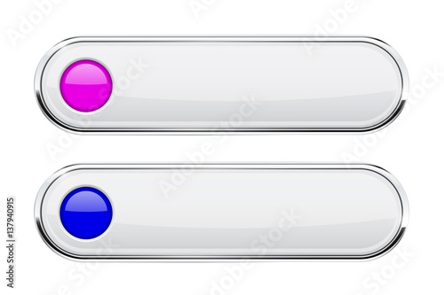 White oval buttons with blue and purple circles. Menu interface elements with chrome frame
