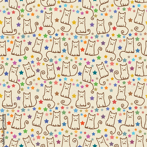 Beige hand drawn vector seamless pattern with cats and stars