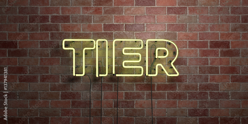 TIER - fluorescent Neon tube Sign on brickwork - Front view - 3D rendered royalty free stock picture. Can be used for online banner ads and direct mailers..