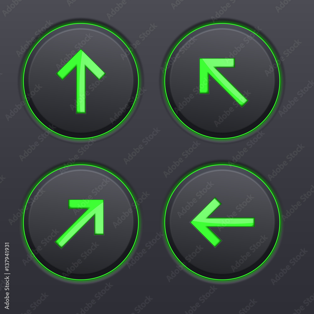 Black buttons with green arrows. Arrow keys Black buttons with green arrows. Arrow keys
