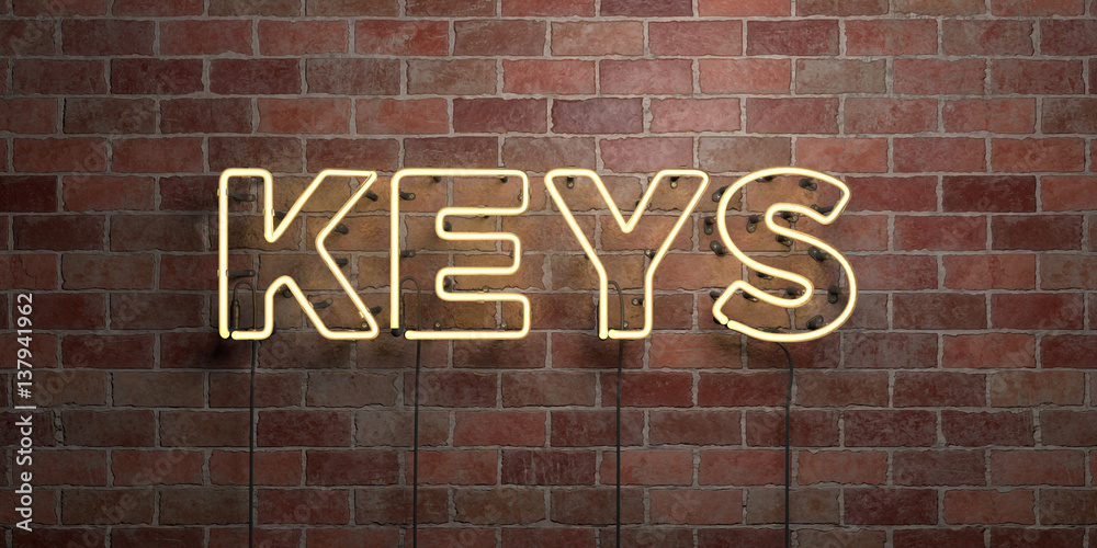 Obraz premium KEYS - fluorescent Neon tube Sign on brickwork - Front view - 3D rendered royalty free stock picture. Can be used for online banner ads and direct mailers..