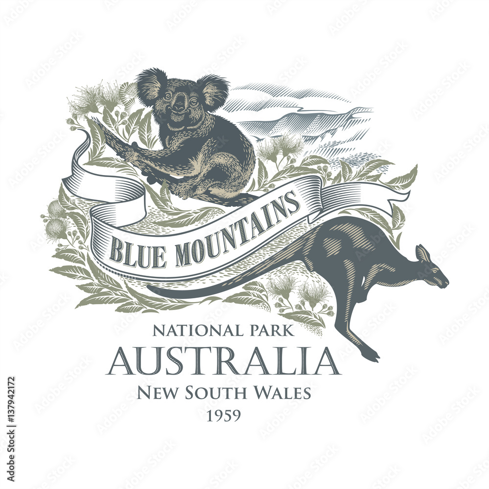 Obraz premium Коала, Кенгуру, национальный парк Голубые Горы, Австралия, имитация гравюры иллюстрация, вектор
