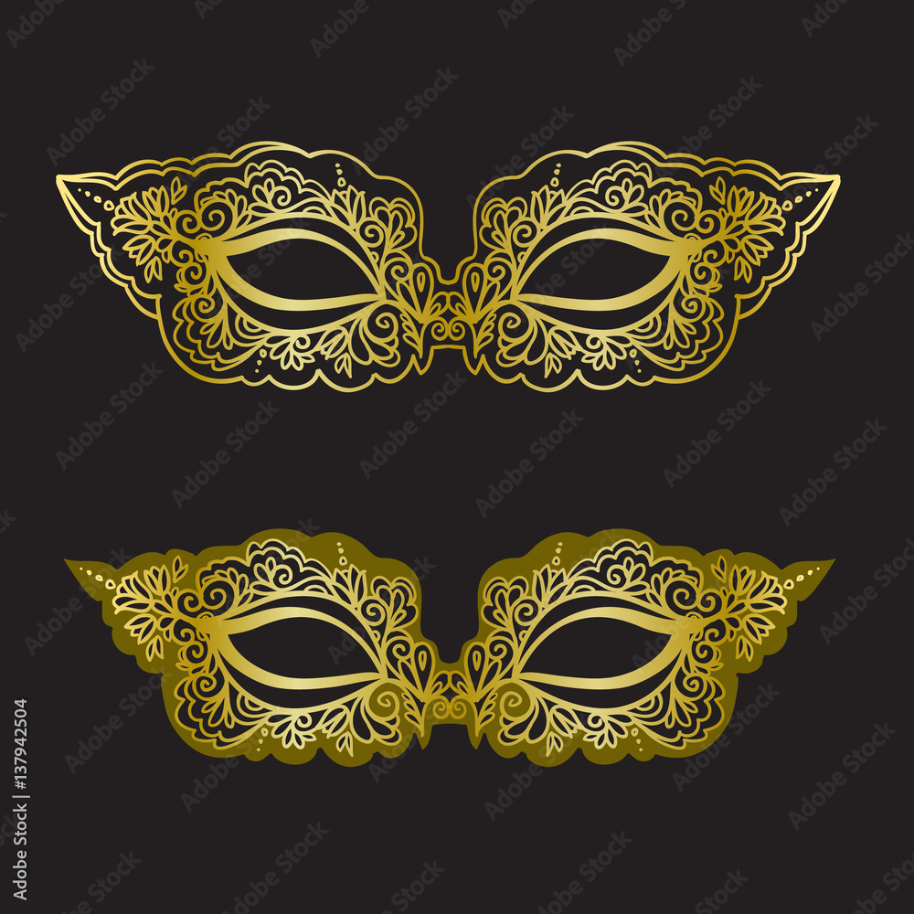 Golden carnival mask on the black background. Beautiful lace mask. Vector illustration