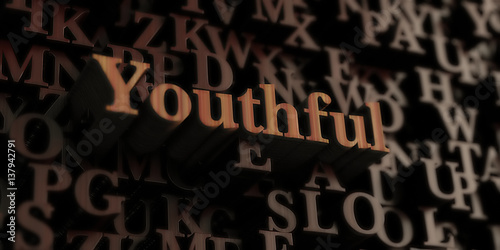 Youthful - Wooden 3D rendered letters/message. Can be used for an online banner ad or a print postcard.