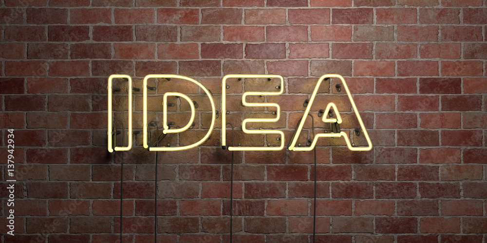 IDEA - fluorescent Neon tube Sign on brickwork - Front view - 3D rendered royalty free stock picture. Can be used for online banner ads and direct mailers.. IDEA - fluorescent Neon tube Sign on brickwork - Front view - 3D rendered royalty free stock picture. Can be used for online banner ads and direct mailers..