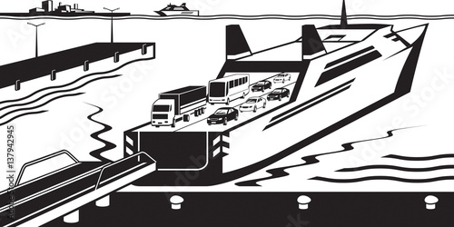 Ferry boat docked in port - vector illustration