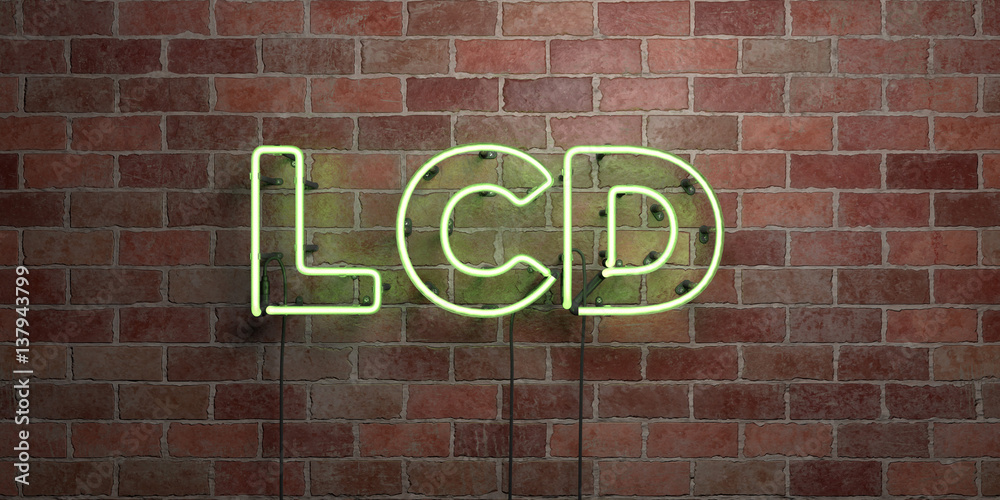 Obraz premium LCD - fluorescent Neon tube Sign on brickwork - Front view - 3D rendered royalty free stock picture. Can be used for online banner ads and direct mailers..