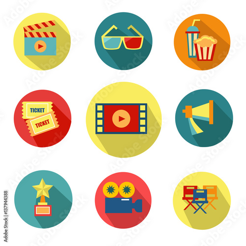Set of flat cinema icons. Movie elements on white background