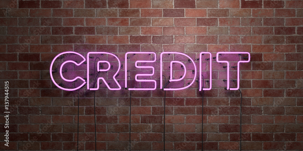 Obraz premium CREDIT - fluorescent Neon tube Sign on brickwork - Front view - 3D rendered royalty free stock picture. Can be used for online banner ads and direct mailers..