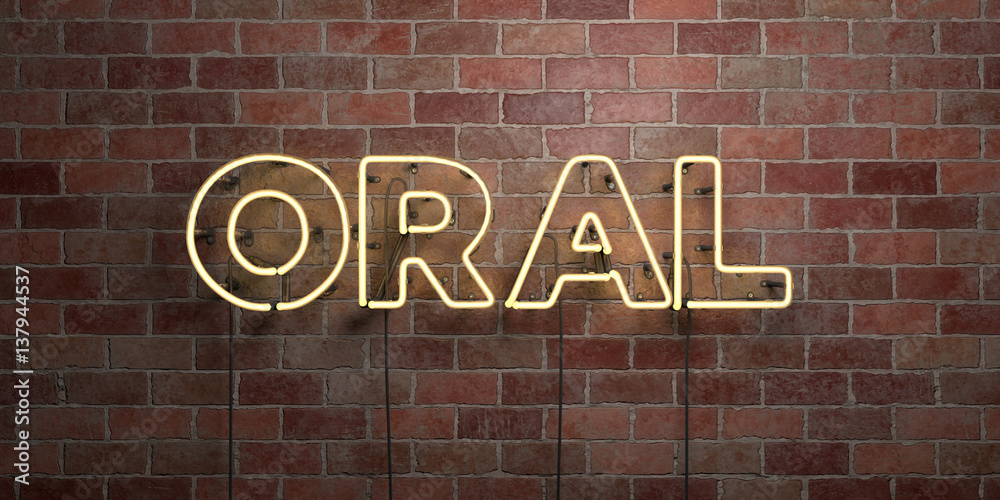 Obraz premium ORAL - fluorescent Neon tube Sign on brickwork - Front view - 3D rendered royalty free stock picture. Can be used for online banner ads and direct mailers..