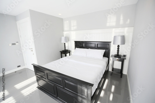 Interior of a luxury double bed hotel bedroom