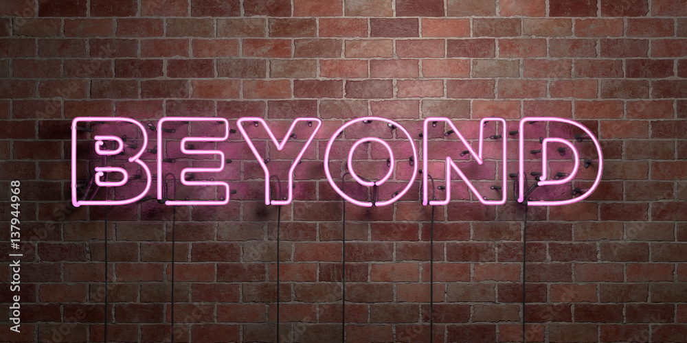 Fototapeta premium BEYOND - fluorescent Neon tube Sign on brickwork - Front view - 3D rendered royalty free stock picture. Can be used for online banner ads and direct mailers..