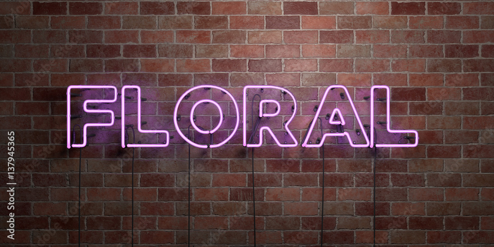 Obraz premium FLORAL - fluorescent Neon tube Sign on brickwork - Front view - 3D rendered royalty free stock picture. Can be used for online banner ads and direct mailers..