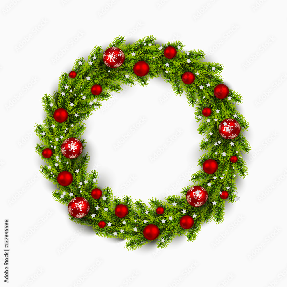 Vector christmas wreath with red ornaments. Vector christmas wreath with red ornaments.