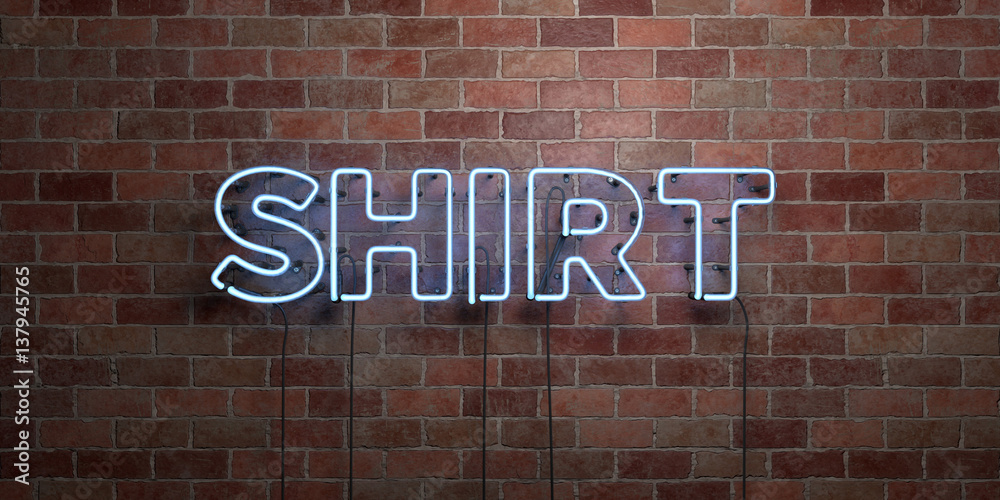 Obraz premium SHIRT - fluorescent Neon tube Sign on brickwork - Front view - 3D rendered royalty free stock picture. Can be used for online banner ads and direct mailers..