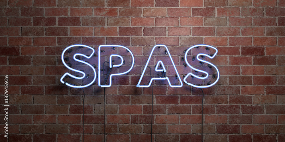 Obraz premium SPAS - fluorescent Neon tube Sign on brickwork - Front view - 3D rendered royalty free stock picture. Can be used for online banner ads and direct mailers..