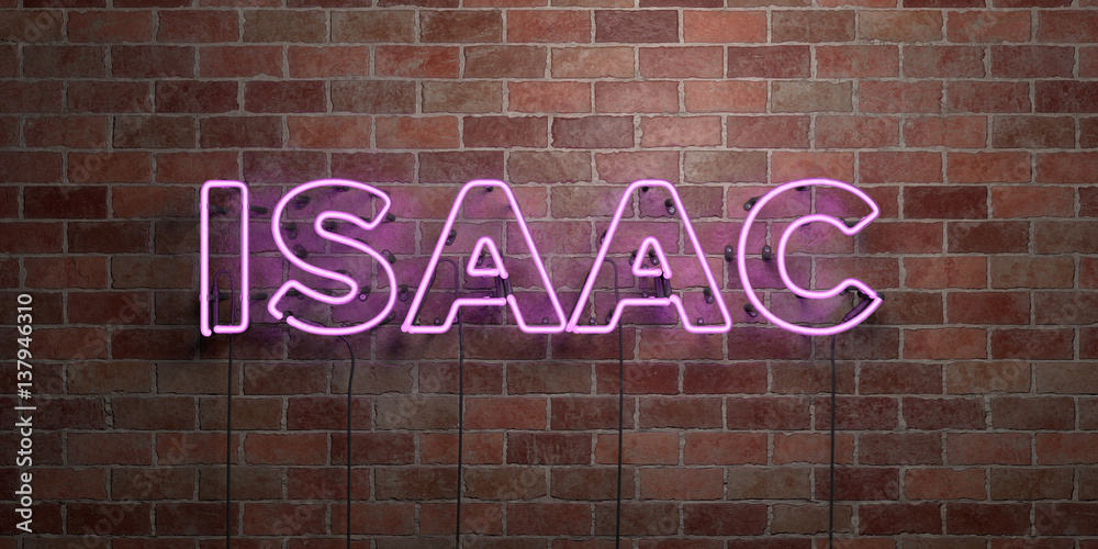 Obraz premium ISAAC - fluorescent Neon tube Sign on brickwork - Front view - 3D rendered royalty free stock picture. Can be used for online banner ads and direct mailers..