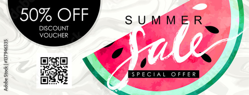 Gift certificate, Voucher, Coupon template with watercolor paint textured watermelon on trendy marbled background. "Summer sale" hand written lettering.