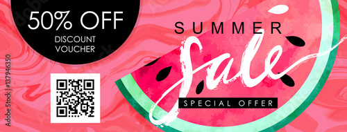 Gift certificate, Voucher, Coupon template with watercolor paint textured watermelon on trendy marbled background. "Summer sale" hand written lettering.