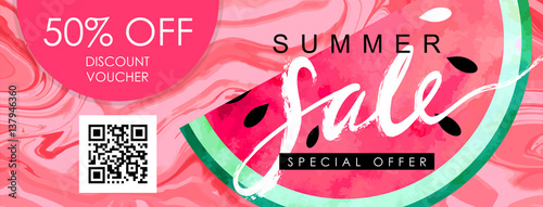 Gift certificate, Voucher, Coupon template with watercolor paint textured watermelon on trendy marbled background. "Summer sale" hand written lettering.