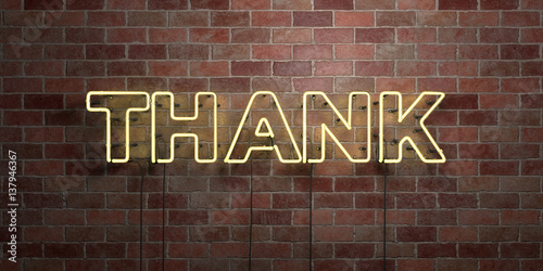 THANK - fluorescent Neon tube Sign on brickwork - Front view - 3D rendered royalty free stock picture. Can be used for online banner ads and direct mailers..