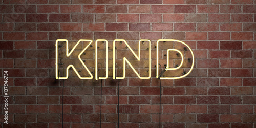 KIND - fluorescent Neon tube Sign on brickwork - Front view - 3D rendered royalty free stock picture. Can be used for online banner ads and direct mailers..