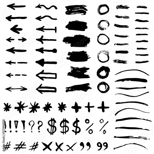 Set with different black watercolor symbols, objects. Hand drawn illustration, vector elements.