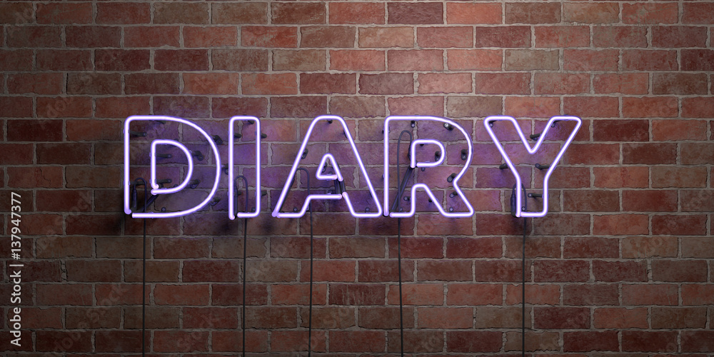 Obraz premium DIARY - fluorescent Neon tube Sign on brickwork - Front view - 3D rendered royalty free stock picture. Can be used for online banner ads and direct mailers..