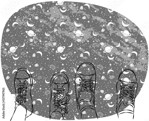 Two pairs of legs in sneakers on space background. Couple of lovers or friends, vector illustration 