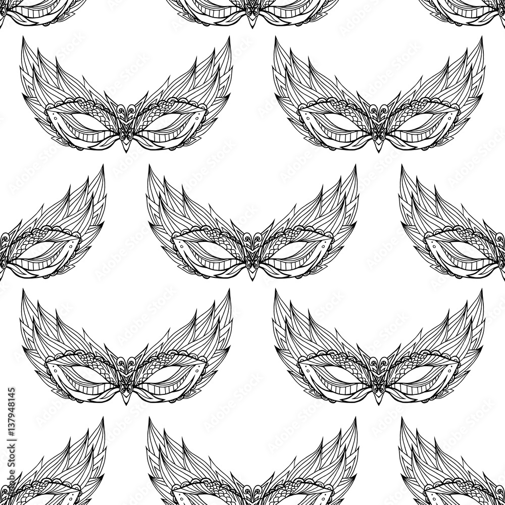 Seamless black and white texture with contour festive masks with doodle ...