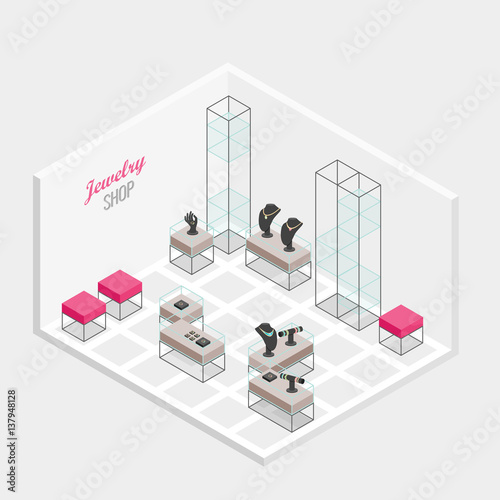 Isometric jewelry shop modern interior vector illustration.