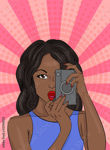 Color Pop Art illustration of African women with an old camera. Pop art background. Retro girl. Illustration for your design