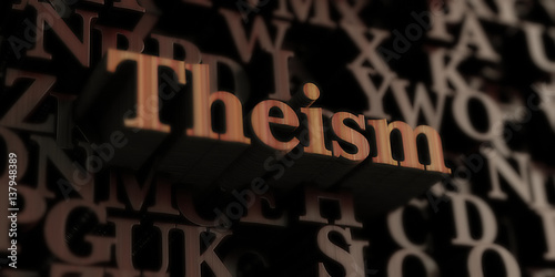 Theism - Wooden 3D rendered letters/message.  Can be used for an online banner ad or a print postcard. photo