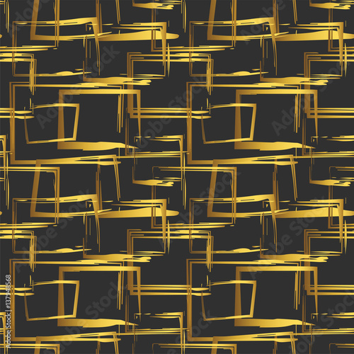 Seamless pattern with abstract golden geometric figures on black background. Vector design elements 