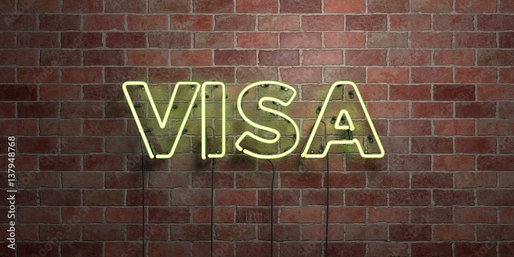 Obraz premium VISA - fluorescent Neon tube Sign on brickwork - Front view - 3D rendered royalty free stock picture. Can be used for online banner ads and direct mailers..