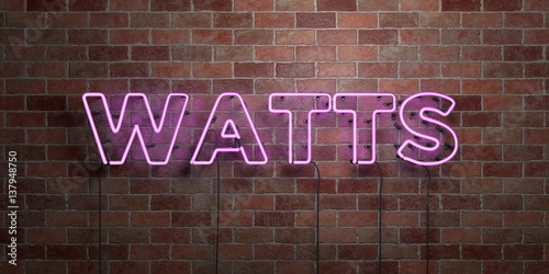 WATTS - fluorescent Neon tube Sign on brickwork - Front view - 3D rendered royalty free stock picture. Can be used for online banner ads and direct mailers.. photo