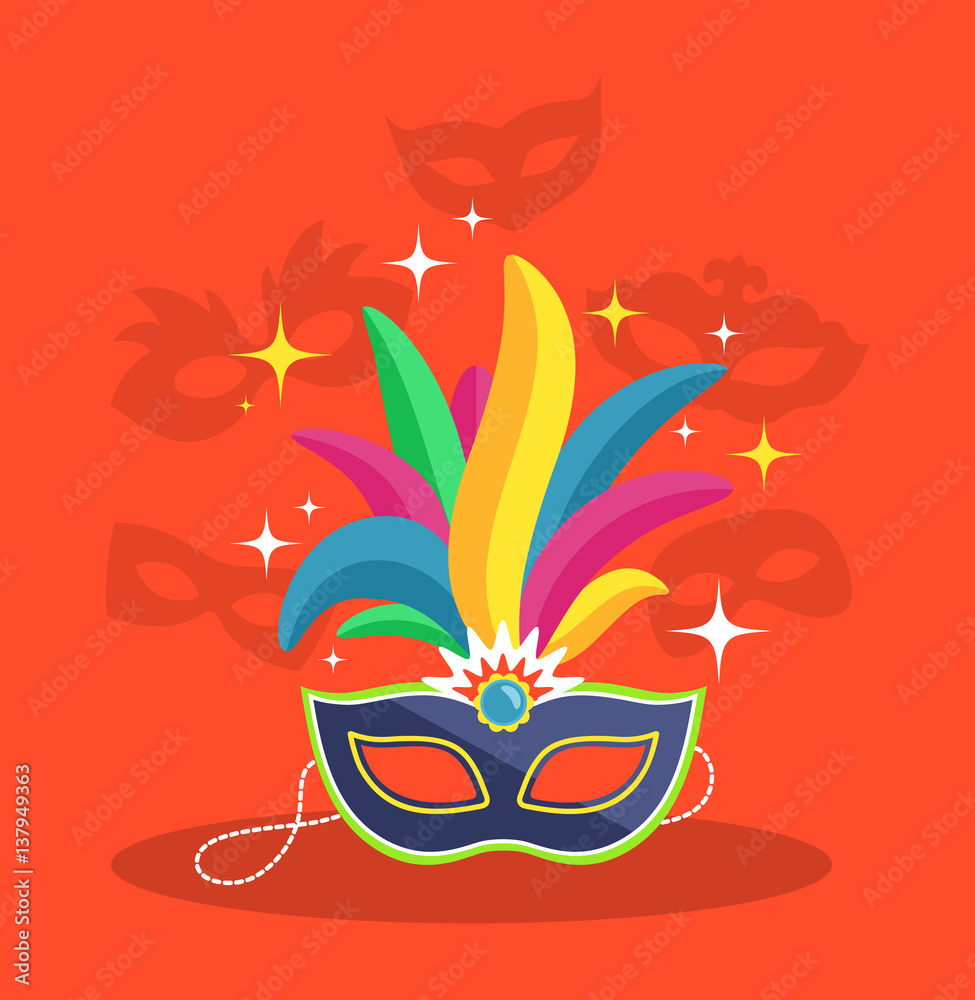 Mask with Multicolor Feather on Red Mask with Multicolor Feather on Red