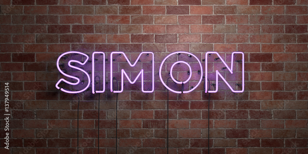 Fototapeta premium SIMON - fluorescent Neon tube Sign on brickwork - Front view - 3D rendered royalty free stock picture. Can be used for online banner ads and direct mailers..