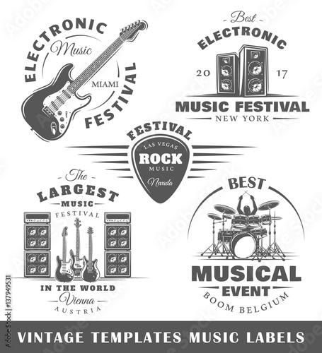 Set of vintage musical labels templates. Elements for design. Vector illustration 